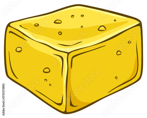Illustration of a Yellow Cheese Cube, Isolated