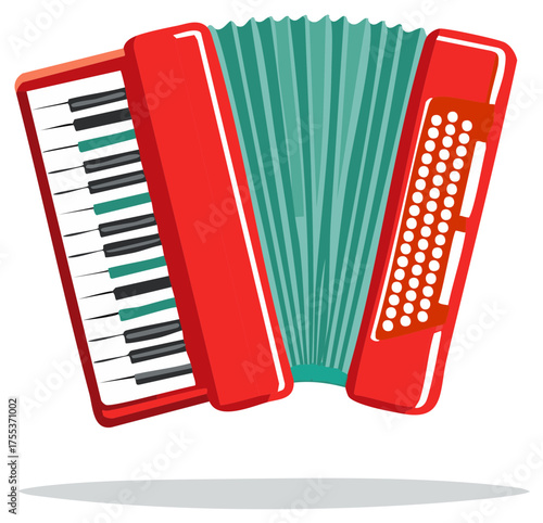 Vibrant Red Accordion Musical Instrument with Teal Bellows and Piano Style Keyboard