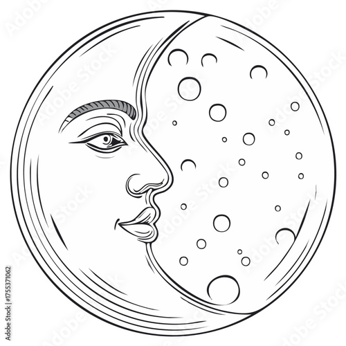 Crescent moon with a human face in a vintage engraving style line art illustration
