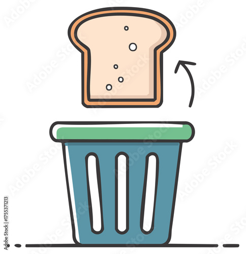 Throwing a slice of bread into a trash can, food waste concept illustration