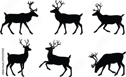PrintDeer silhouette vector, wildlife animal illustration, antlered deer poses, grazing and rearing deer, black silhouette art, nature design element