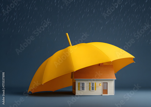 Repair and Replacement service coverage. A house protected by a large yellow umbrella in the rain.