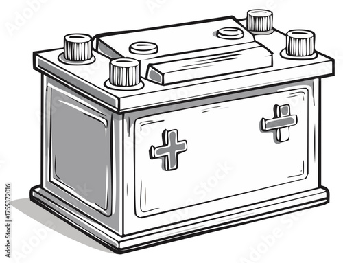 Illustrated automotive battery, cartoon style, isolated on white