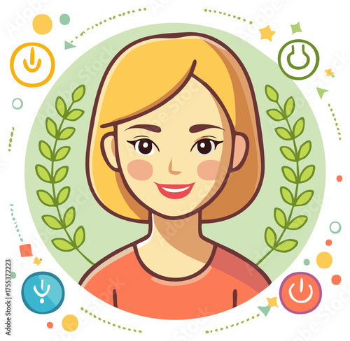 Cartoon Style Portrait of a Smiling Woman Framed by Power Icons and Greenery