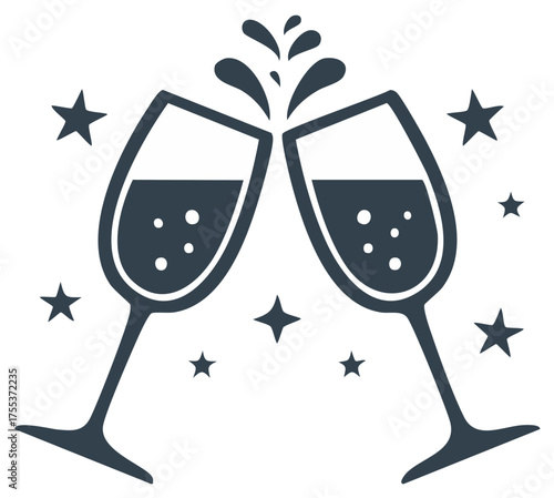 Festive champagne glasses toasting sparkling wine with splashes and stars for celebration