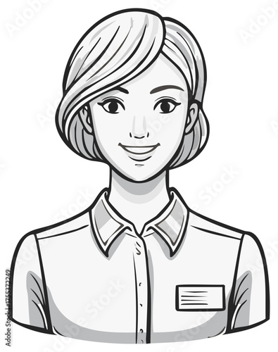 Smiling woman with short hair and a nametag on a button-up shirt