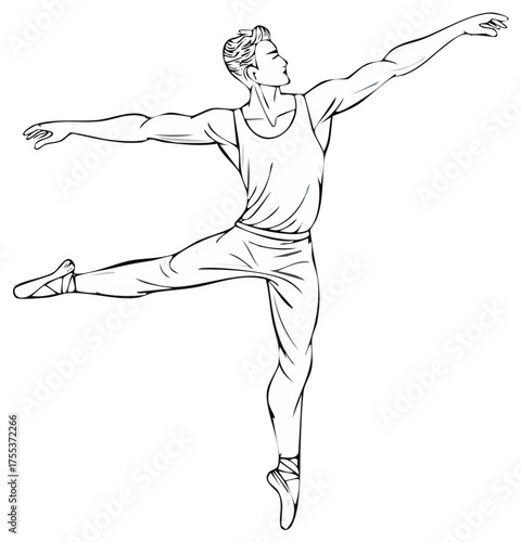Elegant male ballet dancer poised in graceful arabesque line drawing, artistic dancer illustration