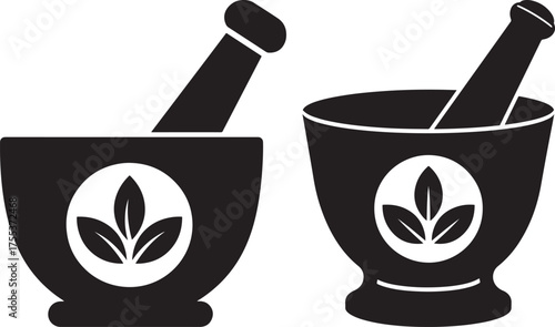 Mortar and pestle silhouette with leaf emblem