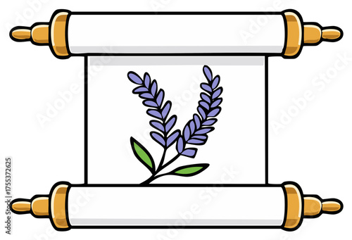 Cartoon lavender flowers displayed on a traditional paper scroll with golden ornate finials