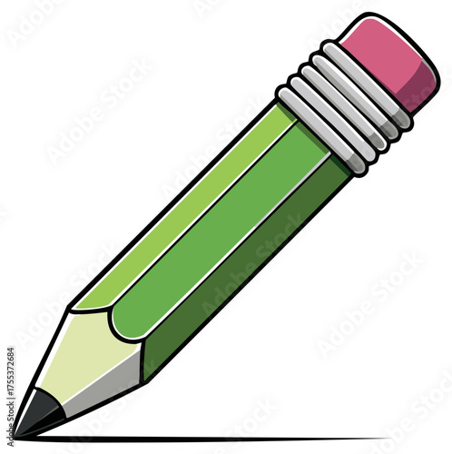 Illustration of a green pencil with a pink eraser drawing a line on paper