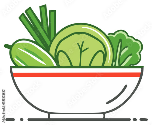 Fresh Green Salad Bowl with Cucumber and Spring Onions, Healthy Food Illustration