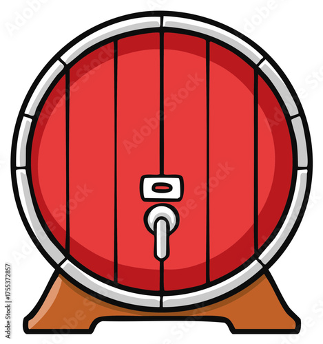 Cartoon red wooden barrel with a spigot resting on a stand, simple illustration