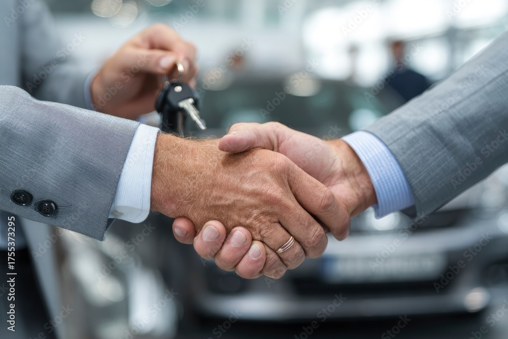 Obraz premium A focused close-up captures two individuals in professional attire engaged in a firm handshake, symbolizing a successful business transaction, agreement, or partnership. One hand is shown holding a se