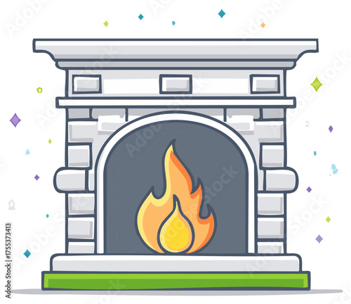 Cartoon Cozy Fireplace with Glowing Flames and Magical Sparkles Illustration