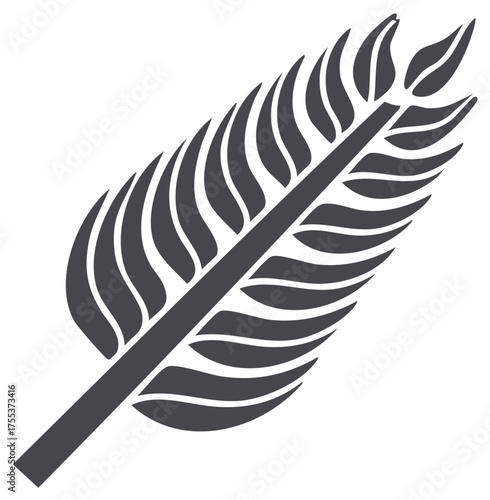 Stylized feather in dark grey tones, vector graphic illustration