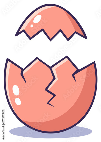 A pink eggshell cracked and hatched in a cute cartoon vector illustration.