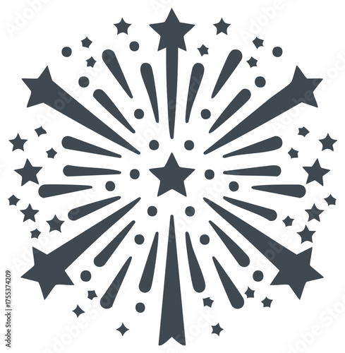 Stylized Dark Grey Firework Burst with Stars and Dots in Radial Pattern