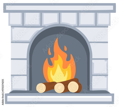 Illustration of a Cozy Fireplace with Burning Logs and Bright Orange Flame