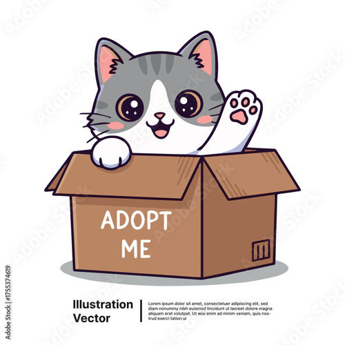 Adorable cartoon kitten waves from an 'Adopt Me' box, symbolizing pet adoption and new beginnings