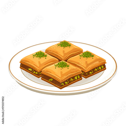 Golden Brown Baklava Pastries with Pistachios on White Plate Still Life Illustration