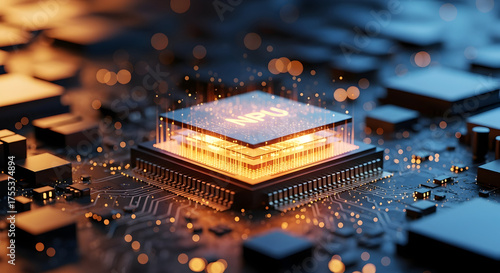 Glowing NPU chip on circuit board, futuristic technology concept