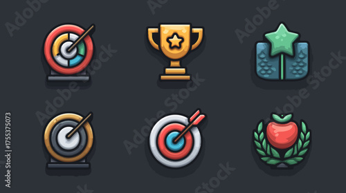 Vector Icon Set of Achievement and Reward Symbols in Modern Flat Style with Bright Colors