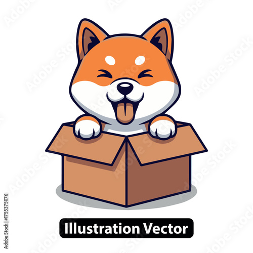 Adorable Shiba Inu Puppy Peeking Out of a Cardboard Box, Tongue Out