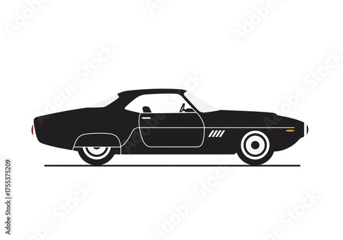 Sleek Black Classic Car Illustration on White Background.
