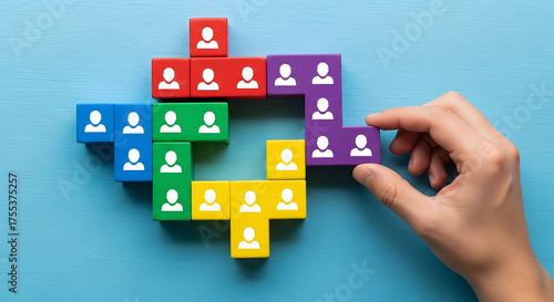 Team building with colorful blocks and person icons, strategic puzzle piece