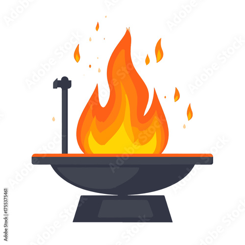 Glowing Orange Flame Burning in Dark Metal Bowl with Decorative Stand Pixel Art Style Fire Flames Heat Danger Illustration Flat Design on White Background