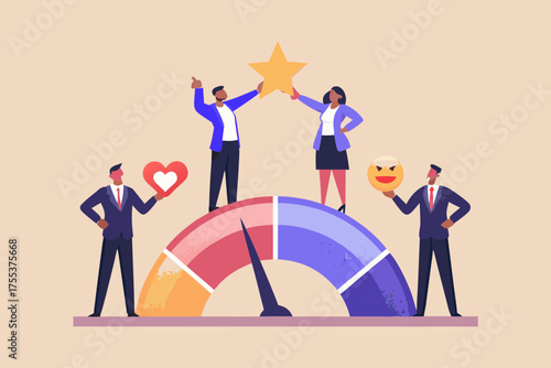 Diverse team members contribute to a customer satisfaction meter showing feedback and ratings