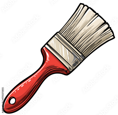 Detailed comic style illustration of a classic paintbrush with a bright red handle for renovation or art projects