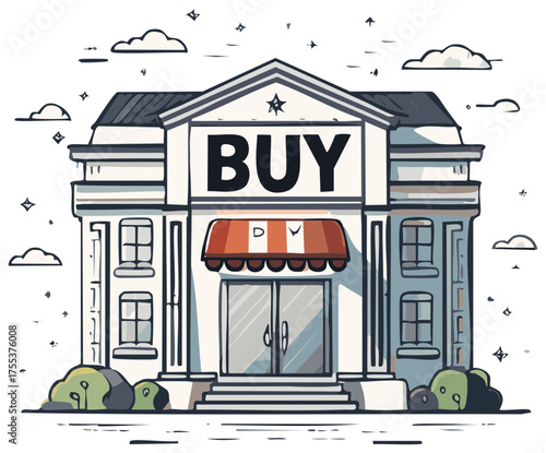 Cartoon building with BUY sign on facade and awning over entrance