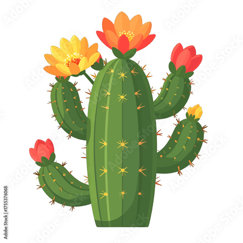 Green Cactus with Red and Yellow Flowers Pixel Art on White Background Detailed Flora Botanical Illustration Digital Art Square Format Still Life