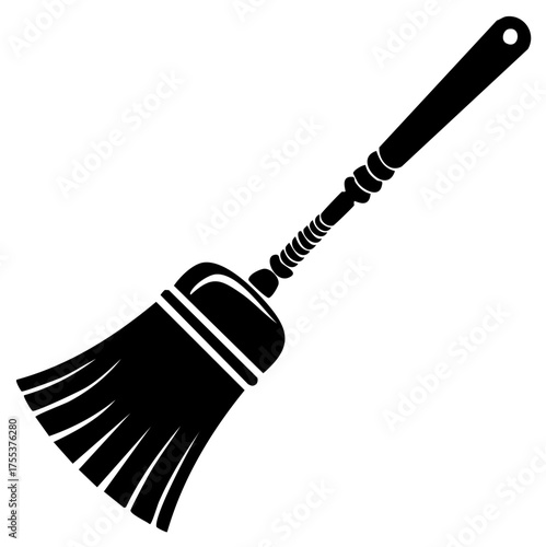 Stylized black silhouette of a besom or broomstick for cleaning and Halloween themes