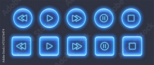 Neon media player buttons. Blue glowing glossy audio control icons. Interface elements for music or video streaming service. Vector illustration.