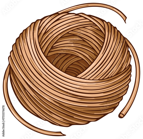 Cartoon illustration of a ball of brown twine string unraveling, showing texture and spiral pattern for crafting and packaging projects