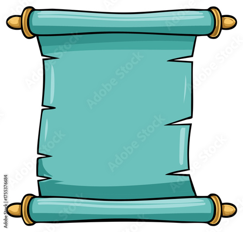 Blank ancient teal parchment scroll with tattered edges cartoon vector illustration