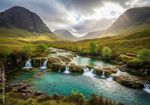 Dramatic landscape view of a highland valley featuring a river with turquoise pools and small waterfalls, surrounded by lush green mountains under a brooding sky with sunrays breaking through.