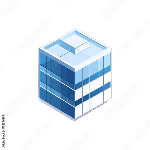 Isometric View of Minimalist Cube Shaped Building with Blue Glass Facade on White Background