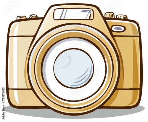 Cartoon style digital camera Illustration with a prominent lens and warm color tones for capturing memories