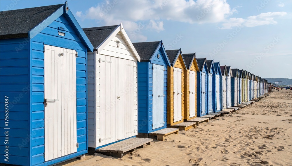 Fototapeta premium Colorful Beach Huts on Sandy Shoreline - A Coastal Retreat.
