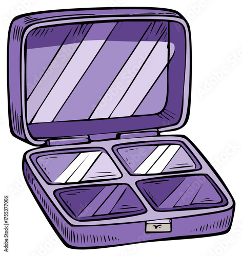 Vibrant Purple Makeup Cosmetic Palette Opened with Mirror and Four Empty Eyeshadow Pans Beauty Product