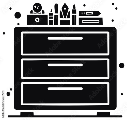 Black and white illustration of a three-drawer dresser with art supplies on top
