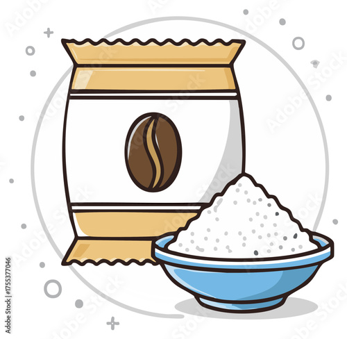 Cartoon illustration of coffee package with bean icon and bowl of sugar granules for beverage ingredients