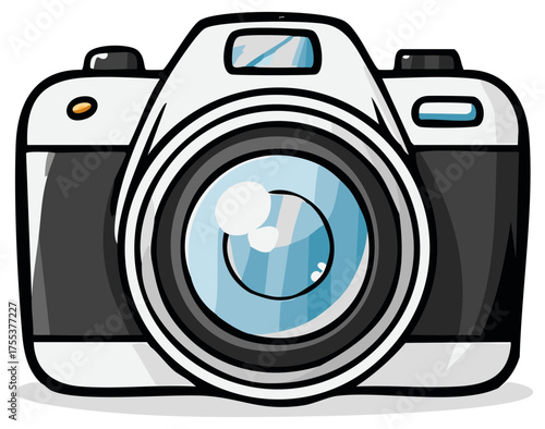 Modern digital photo camera with large lens in a bold cartoon style. Professional photography equipment vector illustration.
