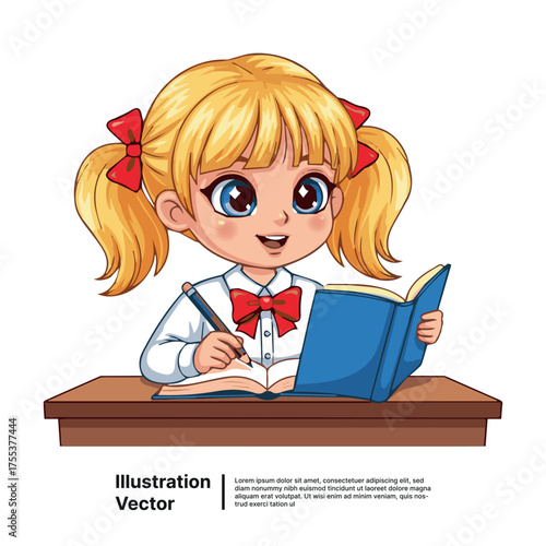 Cute cartoon schoolgirl with blonde pigtails studying at her desk, reading a book and writing