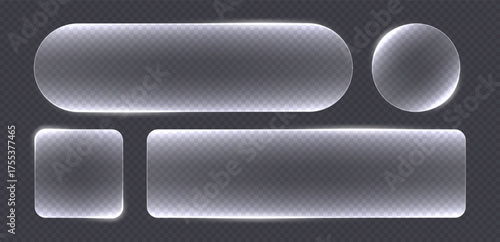 Transparent glass buttons, white clear banners. Glowing futuristic interface templates for web design. Vector illustration.