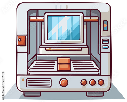 Stylized 3D printer machine with screen and printed cube cartoon vector graphic