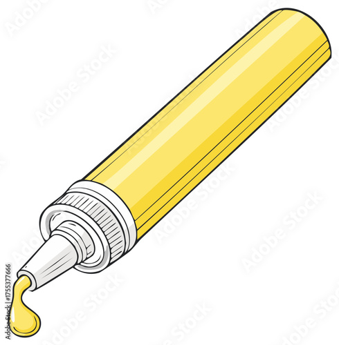 Yellow condiment squeeze bottle with a drop falling from its nozzle